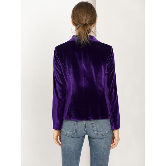 Women's Coat Solid Shawl Collar 1 Button Velvet Blazer Deep Purple - Picture 5 of 6